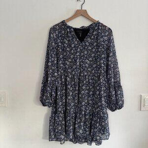 1. State Navy Floral Print Long Sleeve Short Flowy Bohemian Dress